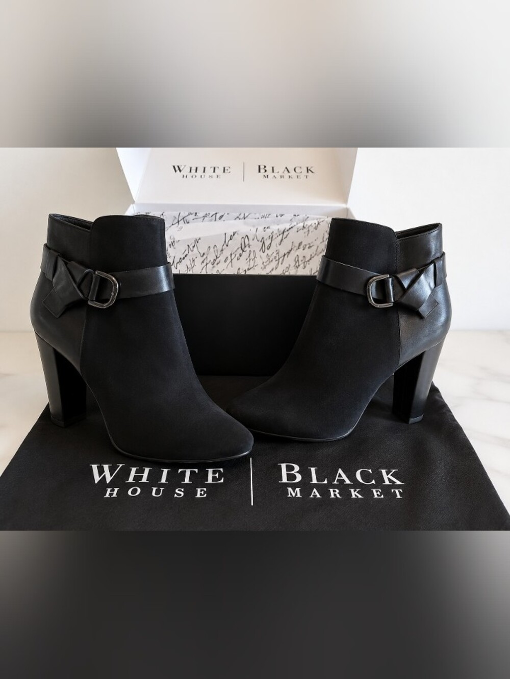 White House Black Market Black Suede Ankle Booties with Buckle Strap